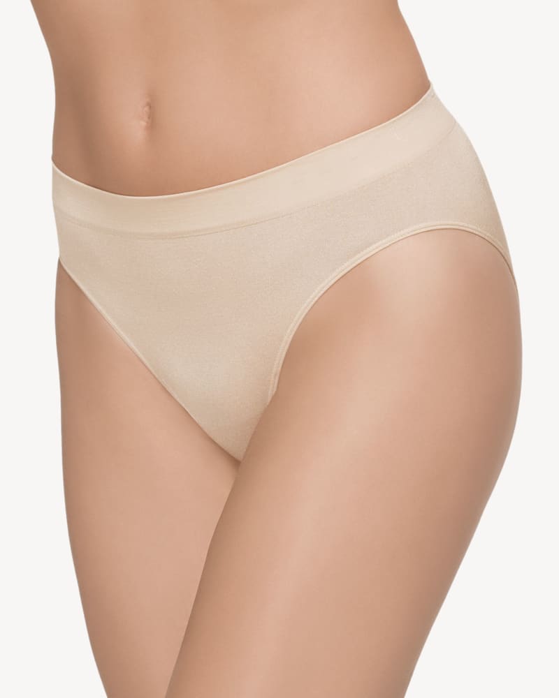 Front of a model wearing a size 5XL B smooth Hi cut in Sand by Wacoal. | dia_product_style_image_id:303896